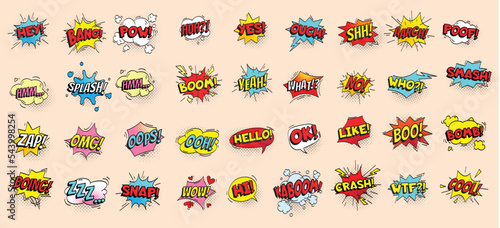 Comic speech bubbles set with different emotions and text Wow, Omg, Gtfo, Hell Yeah, Damn, Wtf . Vector bright dynamic cartoon illustrations