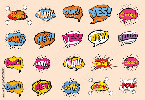 Comic speech bubbles set with different emotions and text Wow, Omg, Gtfo, Hell Yeah, Damn, Wtf . Vector bright dynamic cartoon illustrations