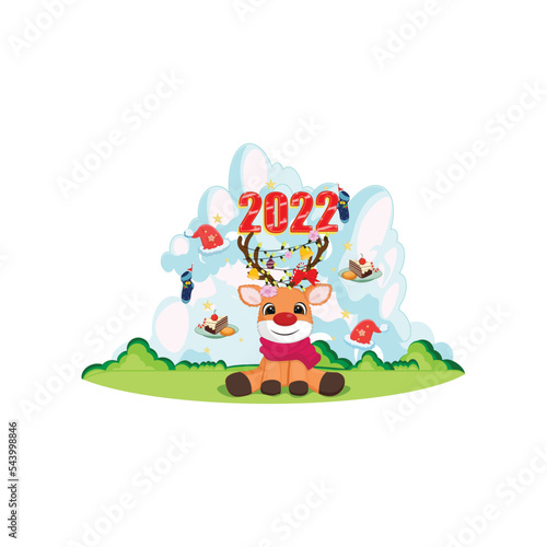 Merry Christmas and Happy New Year 2022 greeting card  vector illustration isolated on white background. Perfect for coloring book  textiles  icon  web  painting  books  t-shirt print.