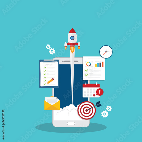App launch. Startup vector concept, flat cartoon rocket or rocketship launch, mobile phone or smartphone, idea of successful business project start up, boost technology, innovation.	