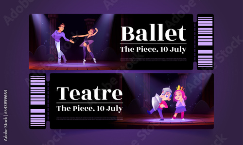 Tickets for ballet dance and kids theater performance. Admission pass coupons template with cartoon characters. Pair of dancers on scene, children wear costumes playing roles in theatre, Vector mockup