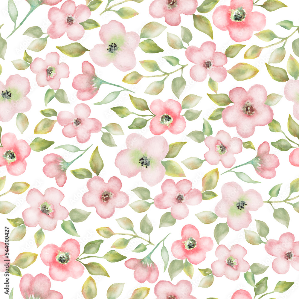 Watercolor seamless pattern with abstract pink flowers, green leaves, branches. Hand drawn floral illustration isolated on light  background. For packaging, wrapping design or print.