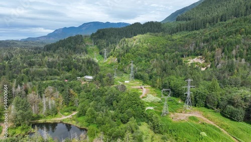 Aerial view of utility cables running through the Cascade Mountains. photo