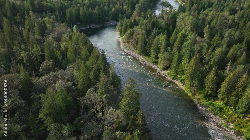 Overhead aerial view of the Skykomish River passing through Baring, Washington. Overhead aerial view of the Skykomish River passing through Baring, Washington.