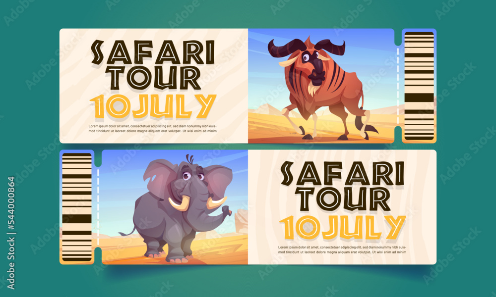 Tickets for safari tour with wild african animals buffalo and elephant. Pass coupon templates
