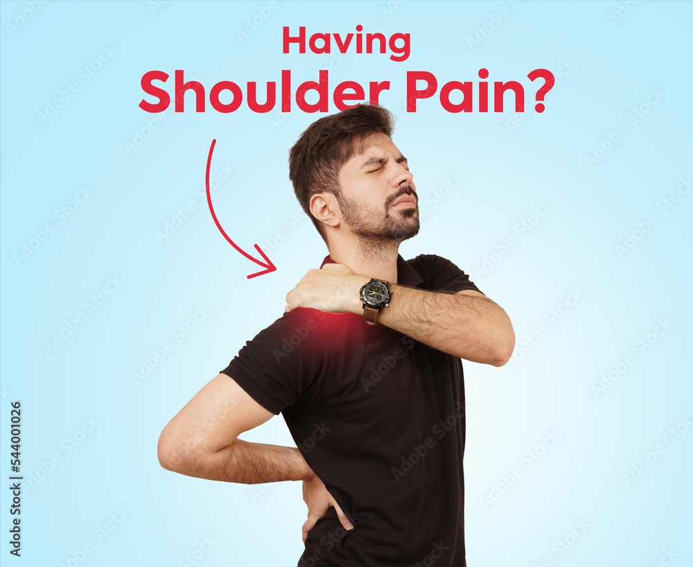 Man having shoulder pain wearing black shirt. Social media post for