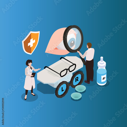 Doctor Ophthalmologist - Eyesight Check Up and Glasses Choosing isometric 3d vector illustration concept for banner, website, illustration, landing page, flyer, etc.