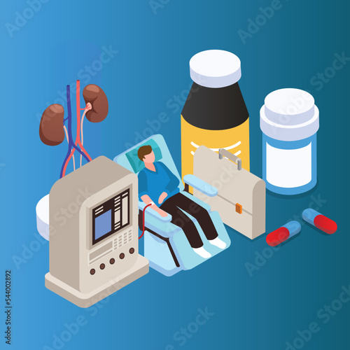 Hemodialysis equipment for treatment renal diseases failure isometric 3d vector illustration concept for banner, website, illustration, landing page, flyer, etc.
