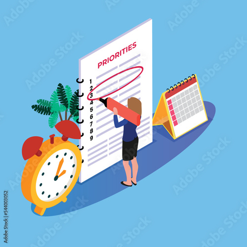 Businesswoman writing her Priorities isometric 3d vector illustration concept for banner, website, illustration, landing page, flyer, etc.