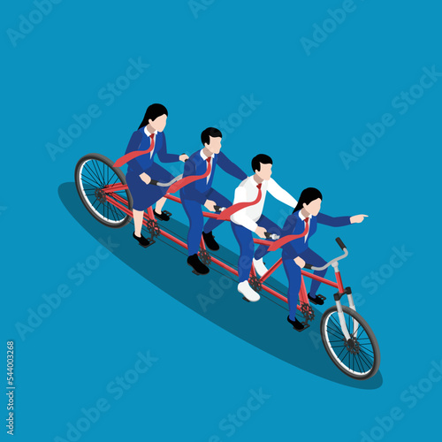 Business team of four pedals on a tandem bicycle isometric 3d vector illustration concept for banner, website, illustration, landing page, flyer, etc.