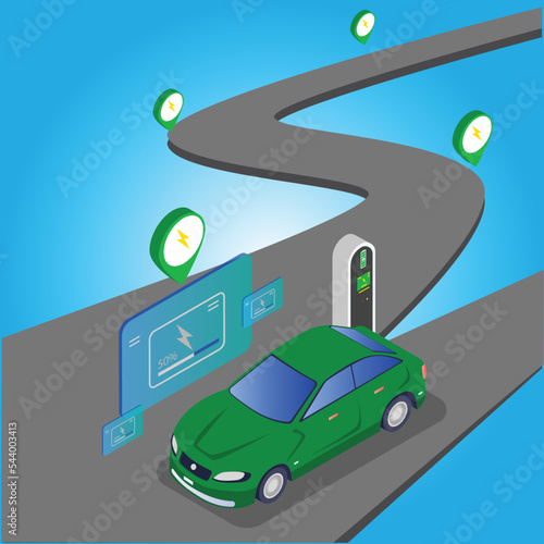 Electric vehicle car and charging stations service on road isometric 3d vector illustration concept for banner, website, illustration, landing page, flyer, etc.