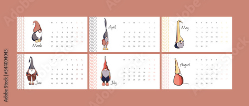 Calendar for 2023 summer and spring months with cartoon vector dwarves. Polygraphy of calendars.