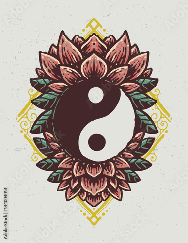 Yin yang symbol with lotus vintage style illustration