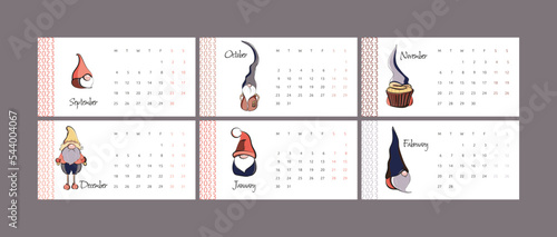 Calendar for 2023 autumn and winter months with cartoon vector dwarves. Polygraphy of calendars.