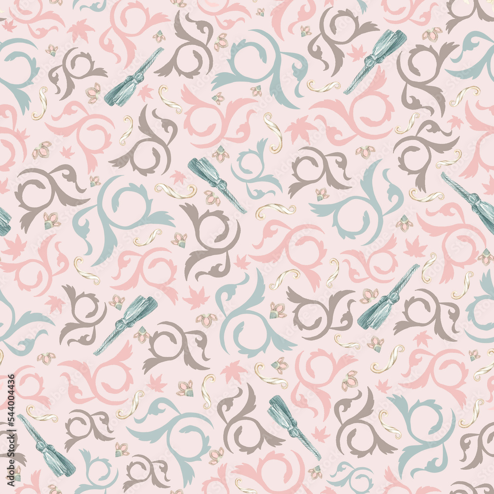 Monograms and brushes, pink, pattern. Monograms and brushes, pink, pattern.