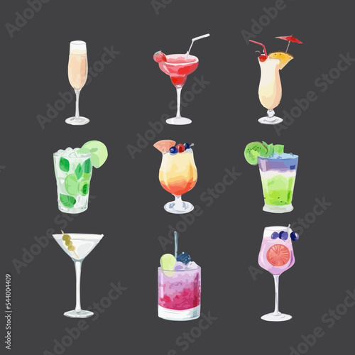 Set of watercolor cocktails vector illustration