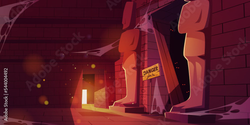 Scary interior of ancient pyramid in Egypt. Pharaoh tomb with stone statues, hieroglyphs and wooden warning sign inside. Abandoned Egyptian temple with forbidden entrance, vector cartoon illustration
