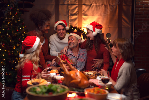 Table of roast turkey and food in christmas and new year party of American family at home