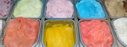 Trays of ice cream homemade in ice cream shop