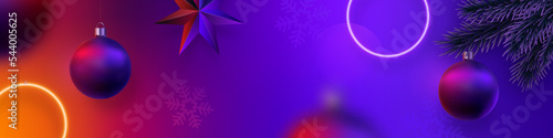 Christmas and New Year eve banner. Hanging red and purple glowing; neon circles; Xmas balls; snowflake; star on futuristic backdrop. Motion blur effect.