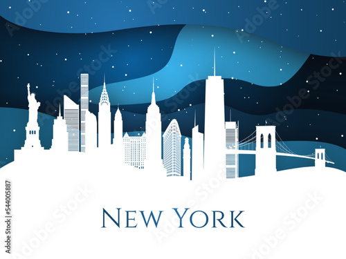 Snowy New York skyline on blue background. Most famous buildings landmark. Christmas Eve in New York City. Paper art style.