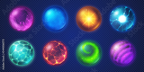 Set of magic crystal balls png isolated on transparent background. Cartoon vector illustration of fortuneteller spheres, witch energy glass globes with different effects glowing with neon colors