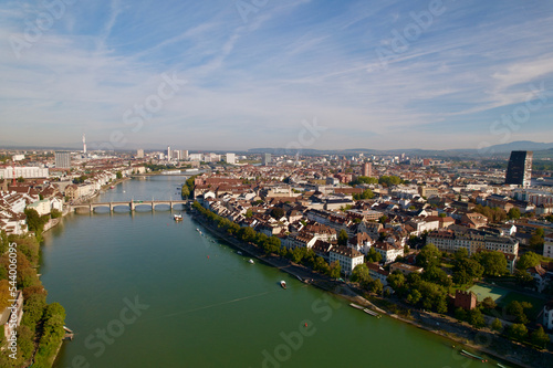Aerial view of City of Basel with Rhine River and Middle Rhine Bridge on a sunny summer day. Photo taken August 24th, 2022, Basel, Switzerland. © Michael Derrer Fuchs