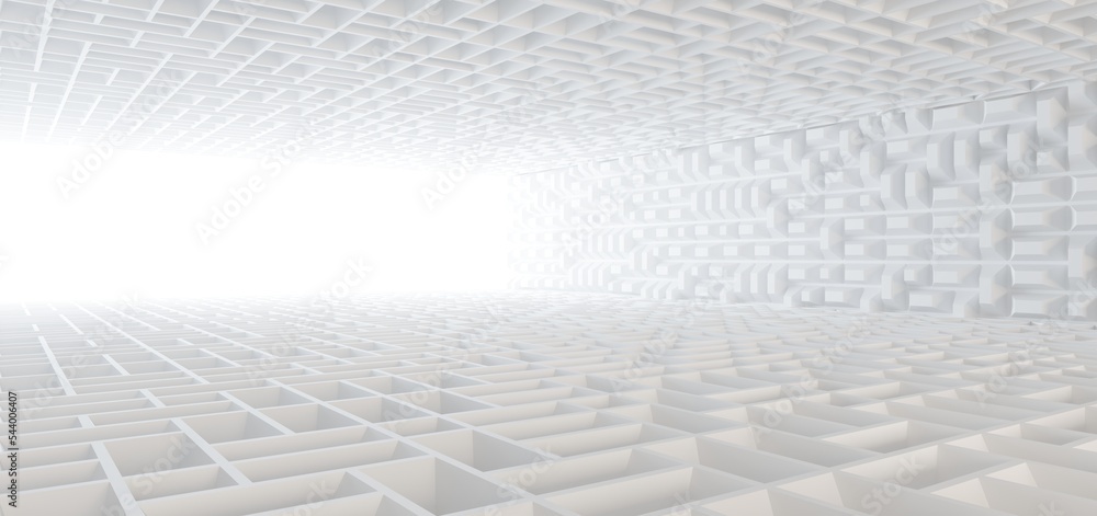 Luxury white abstract architectural minimalistic background. Contemporary showroom. Modern exhibition stand. Empty gallery. Backlight. Polygonal Graphic Design. 3D illustration and rendering.