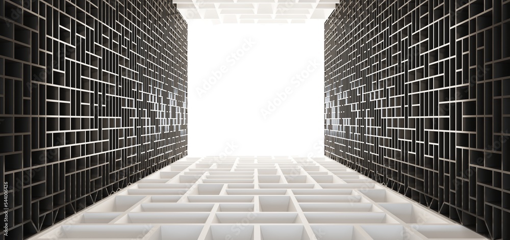 Luxury parametric abstract architectural minimalistic background. Contemporary showroom. Modern black exhibition tunnel. Empty gallery. Neon backlight. Night. Space. 3D illustration and rendering.