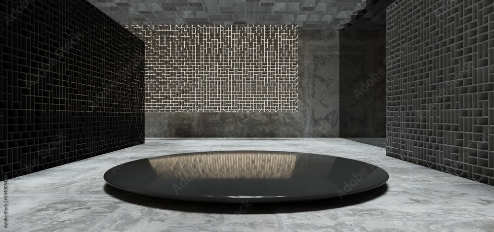 Luxury parametric abstract architectural minimalistic background. Contemporary showroom. Modern black exhibition tunnel. Empty gallery. Stand, table. Interior backlight. 3D illustration and rendering