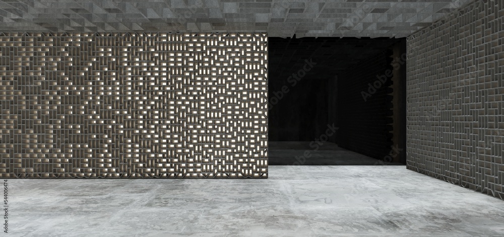 Luxury parametric abstract architectural minimalistic background. Contemporary showroom. Modern black exhibition tunnel. Empty gallery. Stand, table. Interior backlight. 3D illustration and rendering