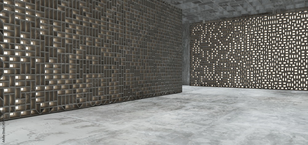 Luxury parametric abstract architectural minimalistic background. Contemporary showroom. Modern black exhibition tunnel. Empty gallery. Stand, table. Interior backlight. 3D illustration and rendering