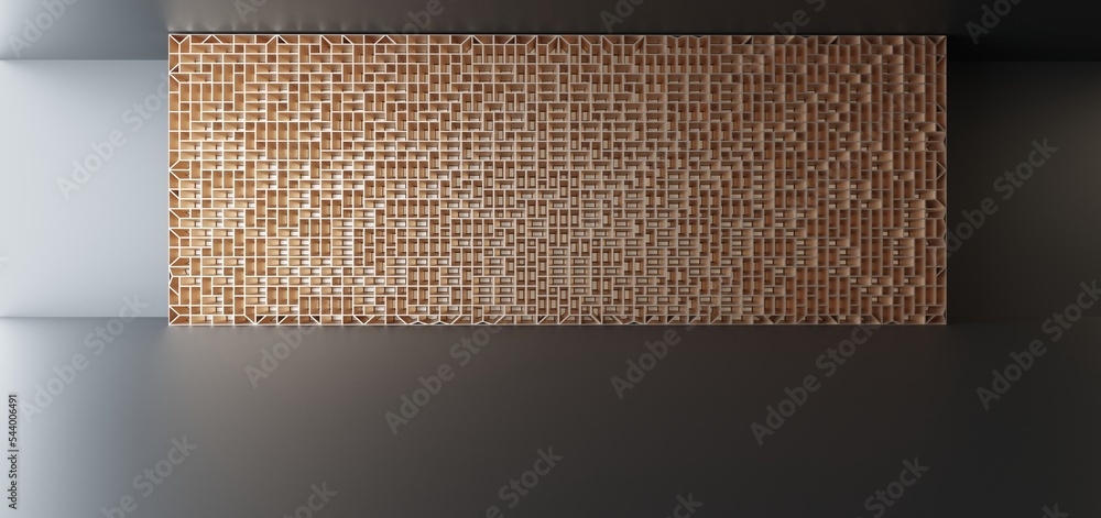 Luxury parametric abstract architectural minimalistic background. Contemporary showroom. Modern black exhibition tunnel. Empty gallery. Stand, table. Interior backlight. 3D illustration and rendering