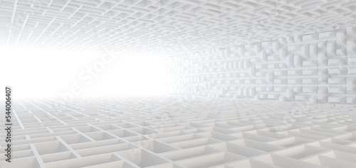 Luxury white abstract architectural minimalistic background. Contemporary showroom. Modern  exhibition stand. Empty gallery. Backlight. Polygonal Graphic Design. 3D illustration and rendering.