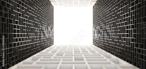 Obraz na płótnie Luxury parametric abstract architectural minimalistic background. Contemporary showroom. Modern black exhibition tunnel. Empty gallery. Neon backlight. Night. Space. 3D illustration and rendering. w salonie