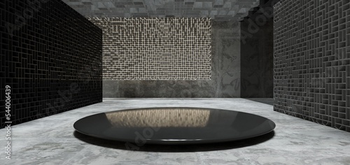 Obraz na płótnie Luxury parametric abstract architectural minimalistic background. Contemporary showroom. Modern black exhibition tunnel. Empty gallery. Stand, table. Interior backlight. 3D illustration and rendering w salonie