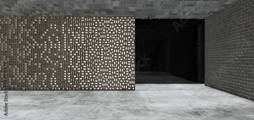 Obraz na płótnie Luxury parametric abstract architectural minimalistic background. Contemporary showroom. Modern black exhibition tunnel. Empty gallery. Stand, table. Interior backlight. 3D illustration and rendering w salonie