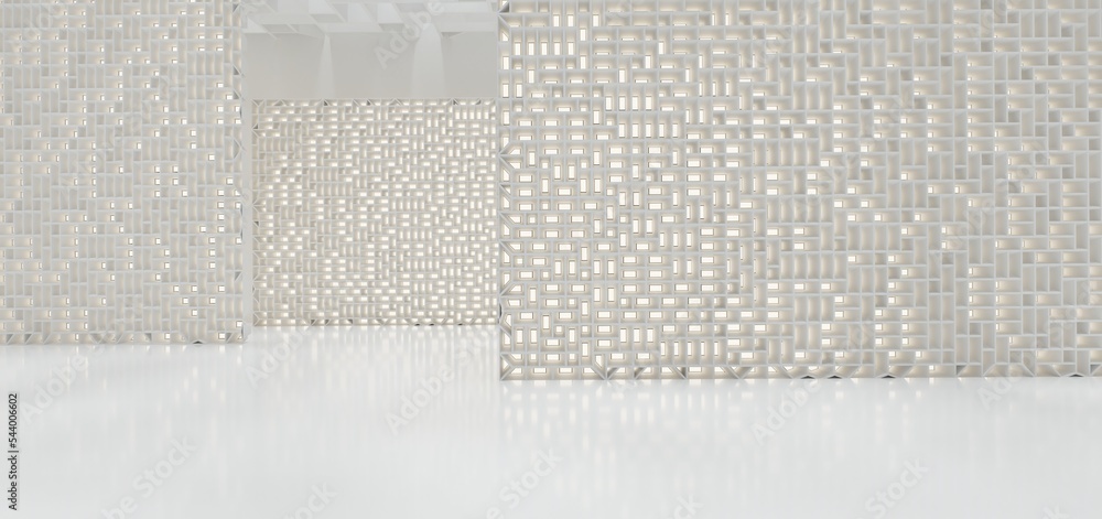 Luxury white abstract architectural minimalistic background. Contemporary showroom. Modern exhibition stand. Empty gallery. Backlight. Polygonal Graphic Design. 3D illustration and rendering.