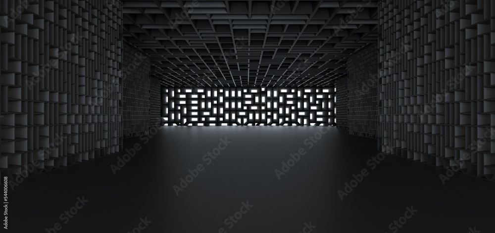 Luxury parametric abstract architectural minimalistic background. Contemporary showroom. Modern black exhibition tunnel. Empty gallery. Neon backlight. Night. Space. 3D illustration and rendering.