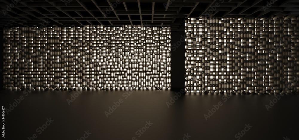 Luxury parametric abstract architectural minimalistic background. Contemporary showroom. Modern black exhibition tunnel. Empty gallery. Neon backlight. Night. Space. 3D illustration and rendering.