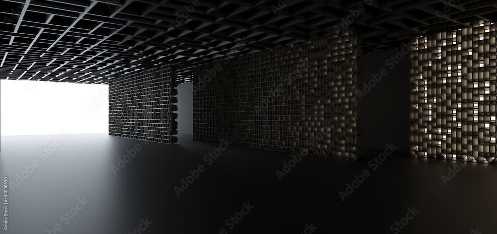 Luxury parametric abstract architectural minimalistic background. Contemporary showroom. Modern black exhibition tunnel. Empty gallery. Neon backlight. Night. Space. 3D illustration and rendering.