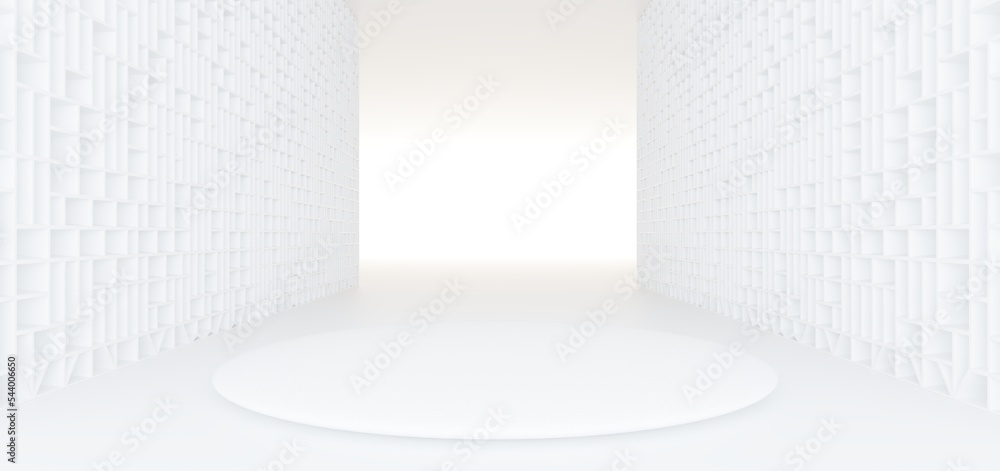 Luxury white abstract architectural minimalistic background. Contemporary showroom. Modern exhibition stand. Empty gallery. Backlight. Polygonal Graphic Design. 3D illustration and rendering.