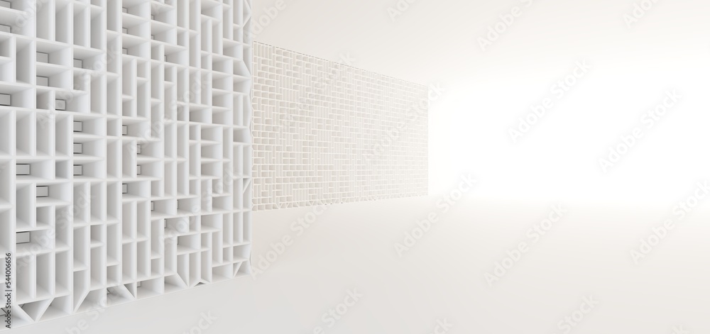 Luxury white abstract architectural minimalistic background. Contemporary showroom. Modern exhibition stand. Empty gallery. Backlight. Polygonal Graphic Design. 3D illustration and rendering.
