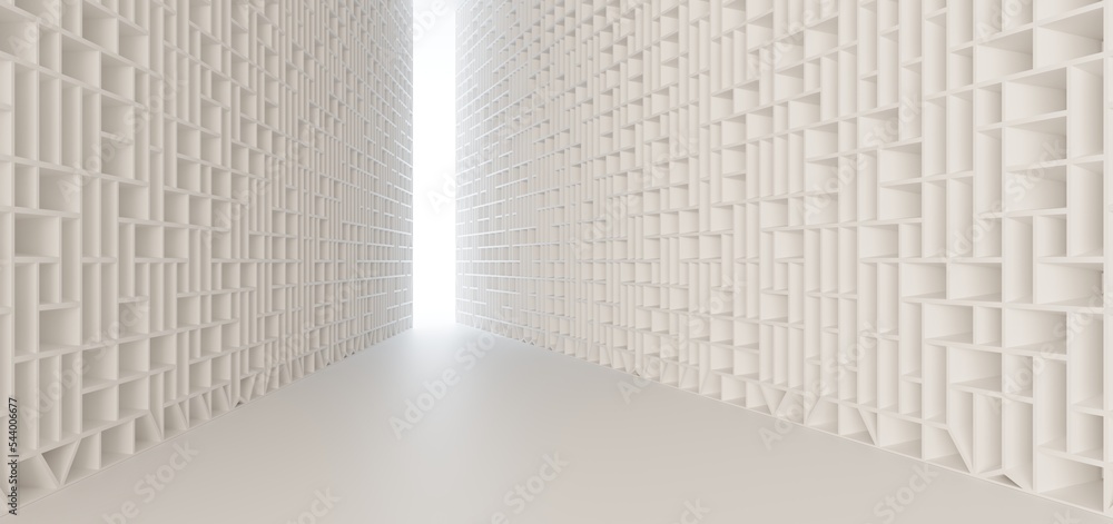 Luxury white abstract architectural minimalistic background. Contemporary showroom. Modern exhibition stand. Empty gallery. Backlight. Polygonal Graphic Design. 3D illustration and rendering.