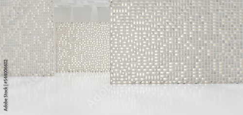 Obraz na płótnie Luxury white abstract architectural minimalistic background. Contemporary showroom. Modern exhibition stand. Empty gallery. Backlight. Polygonal Graphic Design. 3D illustration and rendering. w salonie