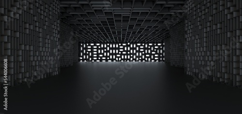 Obraz na płótnie Luxury parametric abstract architectural minimalistic background. Contemporary showroom. Modern black exhibition tunnel. Empty gallery. Neon backlight. Night. Space. 3D illustration and rendering. w salonie