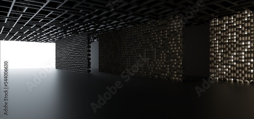 Obraz na płótnie Luxury parametric abstract architectural minimalistic background. Contemporary showroom. Modern black exhibition tunnel. Empty gallery. Neon backlight. Night. Space. 3D illustration and rendering. w salonie