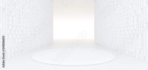 Luxury white abstract architectural minimalistic background. Contemporary showroom. Modern  exhibition stand. Empty gallery. Backlight. Polygonal Graphic Design. 3D illustration and rendering.