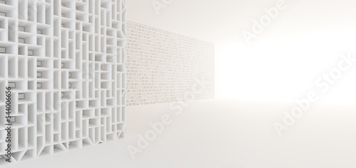 Obraz na płótnie Luxury white abstract architectural minimalistic background. Contemporary showroom. Modern exhibition stand. Empty gallery. Backlight. Polygonal Graphic Design. 3D illustration and rendering. w salonie
