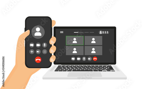 Screen video call interface template. User interface icons for phone chat. Conference web app layout, webinar design for business. Digital display with buttons and voice concept. Vector illustration